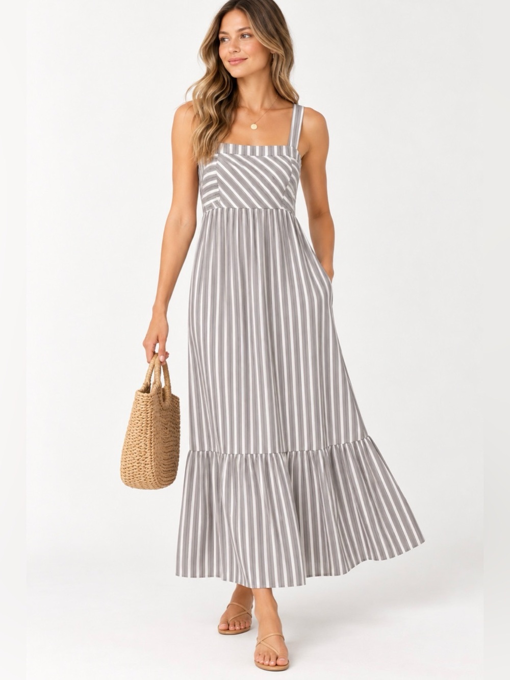 Love stitch Striped Sleeveless Flounce Hem Maxi Dress In Grey Multi